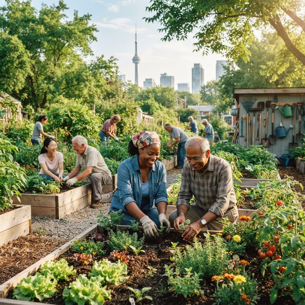 Neighbours tending plants together in a community garden
